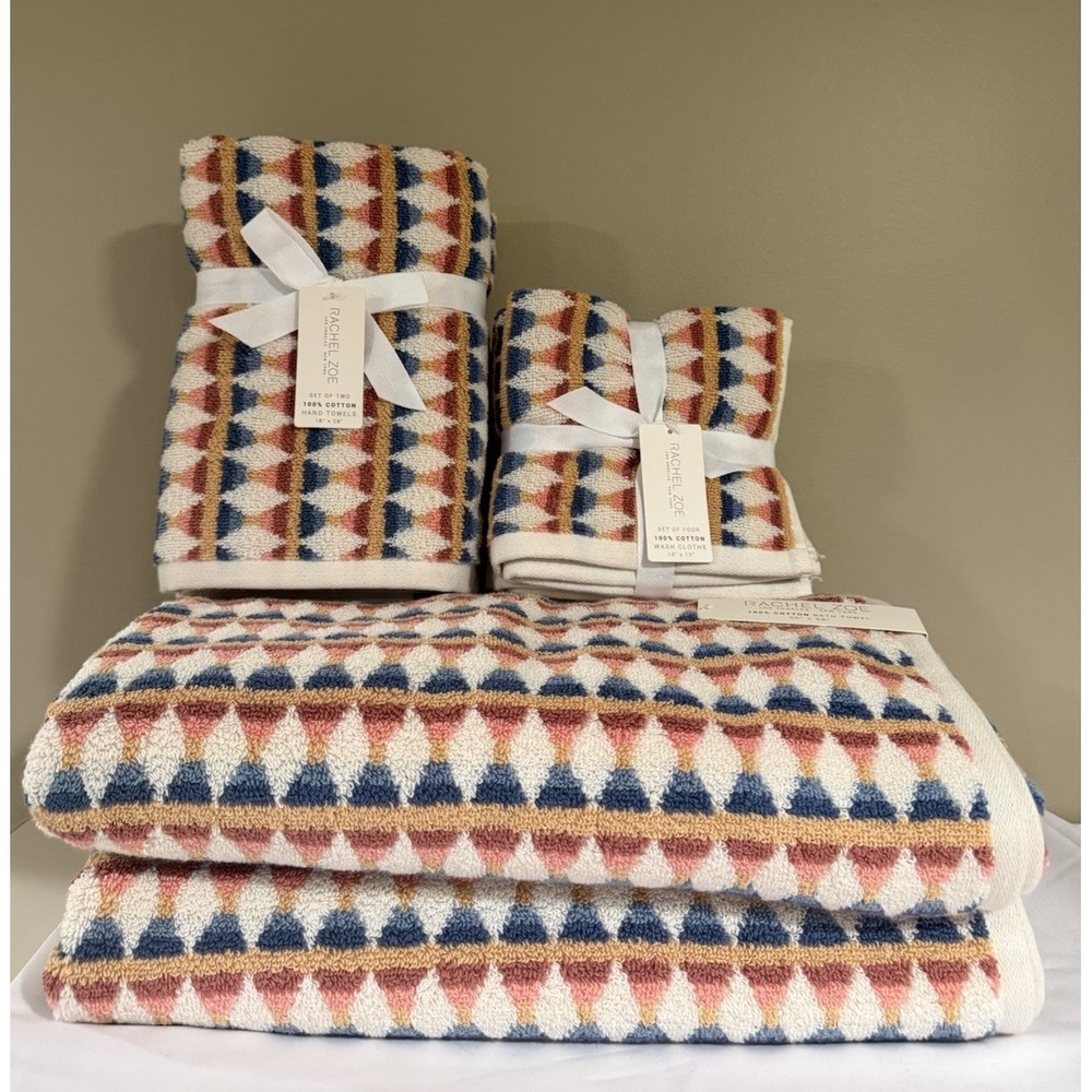 Rachel Zoe Geometric Bath Towel Set Blue Rust Cream 100% Cotton 8 Pc NEW